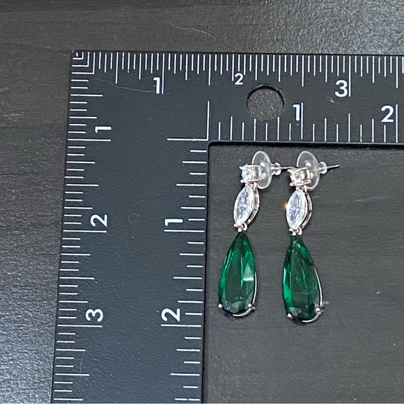 Signed Teardrop Lab Emerald Silvertone Drop Earrings - Picture 6 of 13